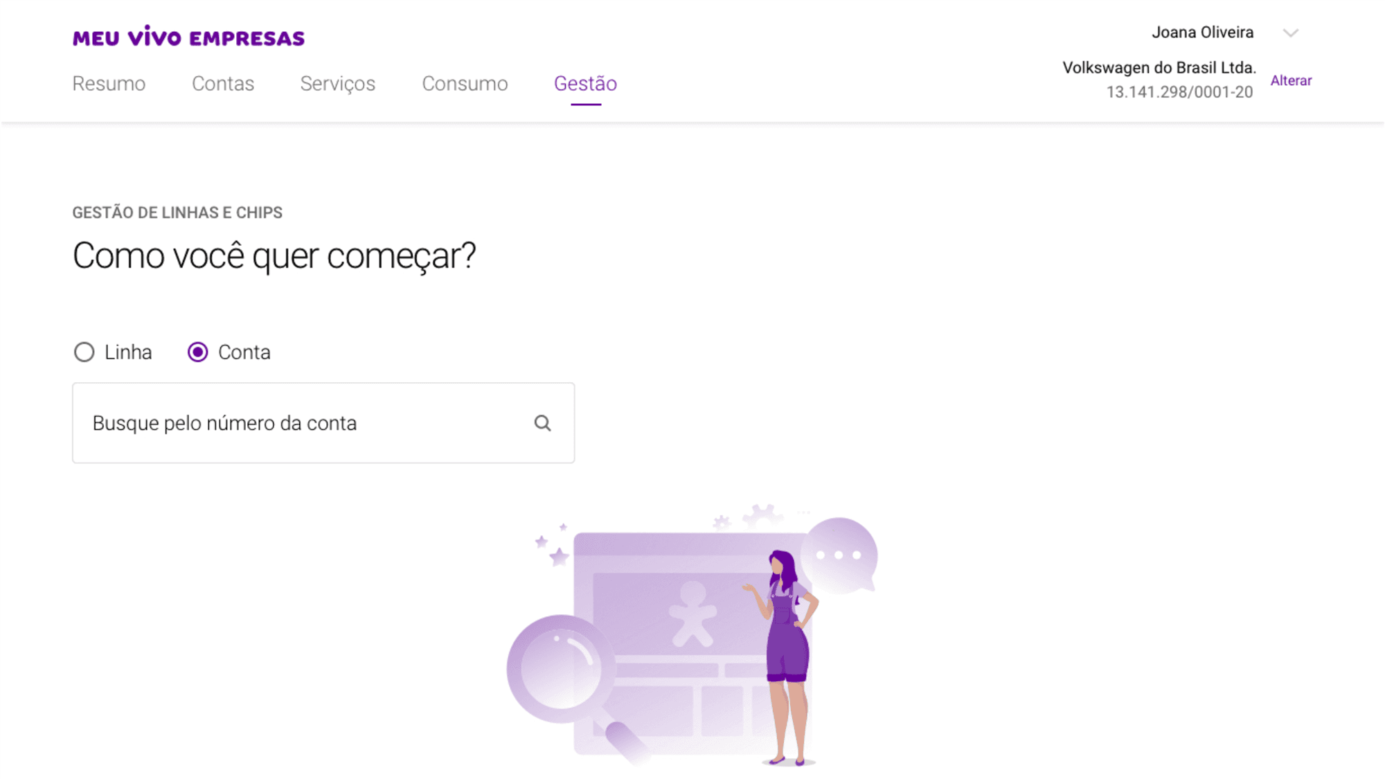 Detalhes da conta e linhas escolhidas