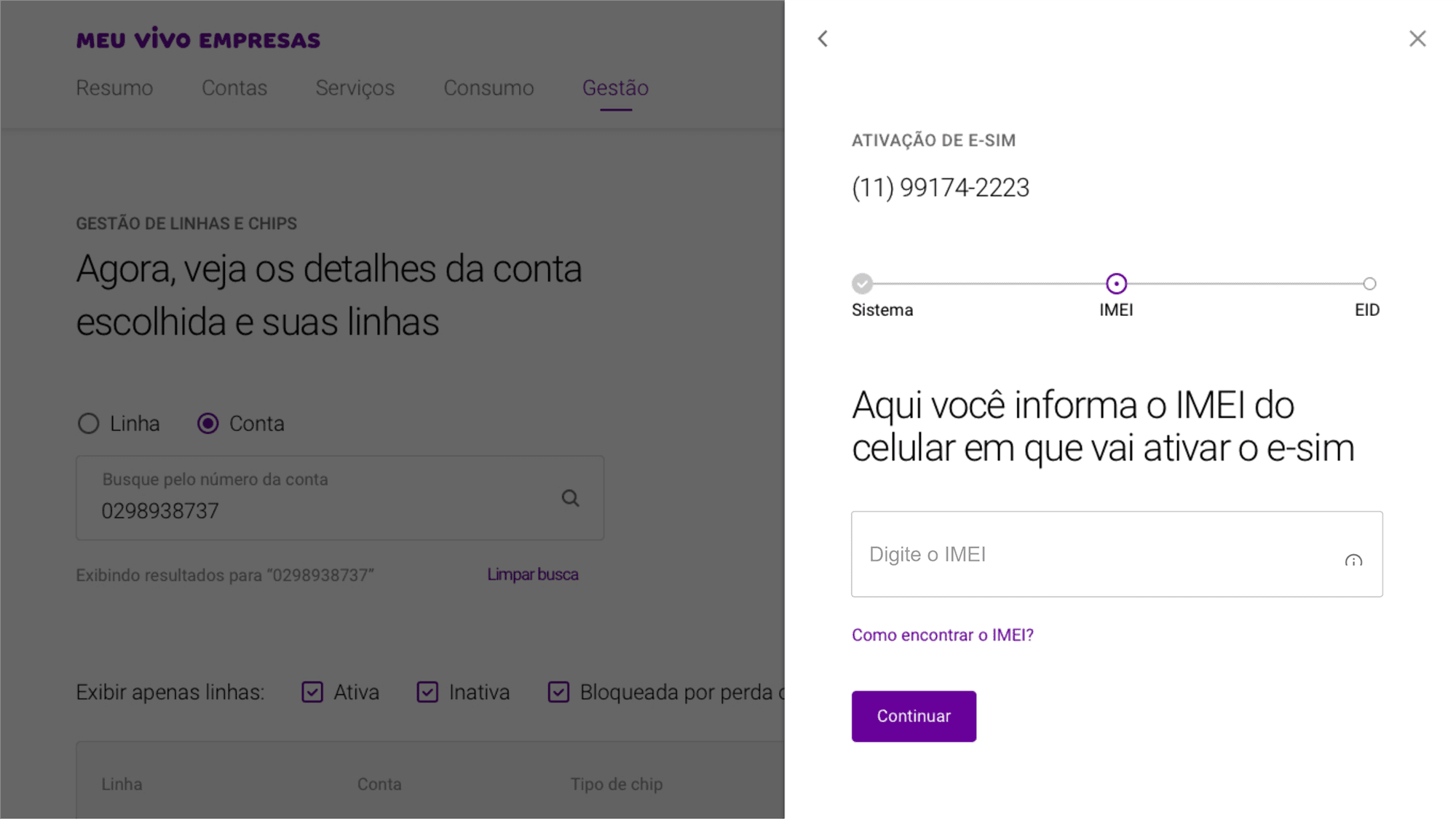 Campo para informar o IMEI do celular