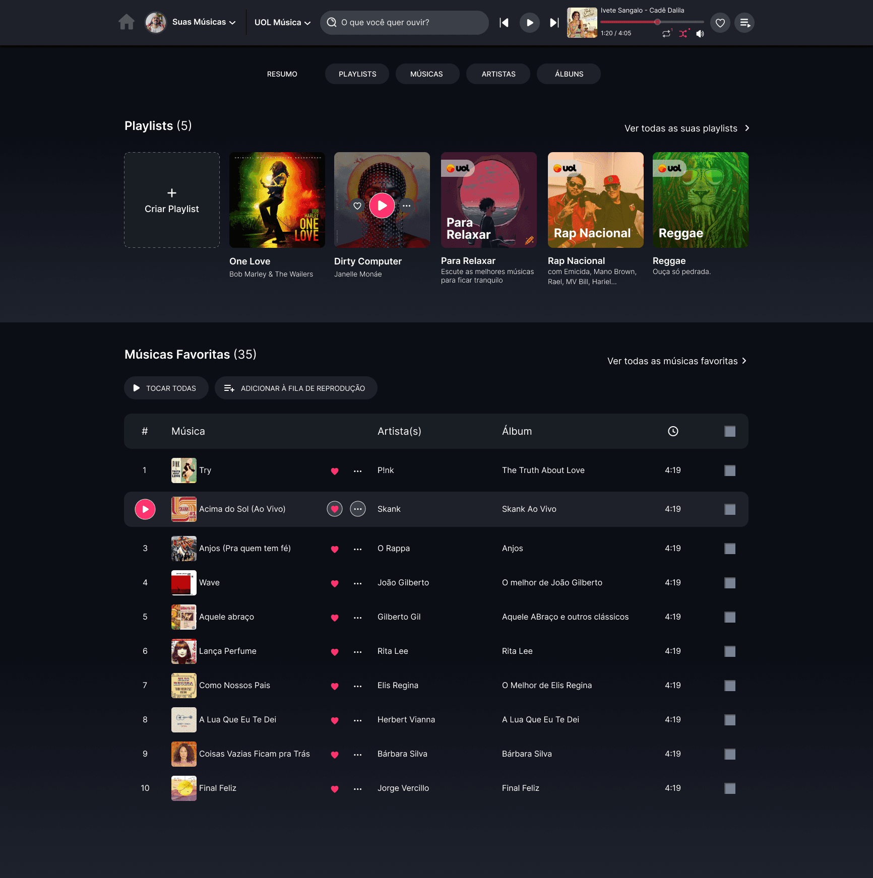 Área do usuário do UOL Música, com playlists e músicas favoritas